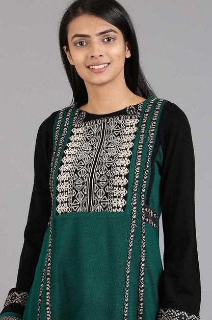 Green Round Neck Solid Winter kurta - wforwoman