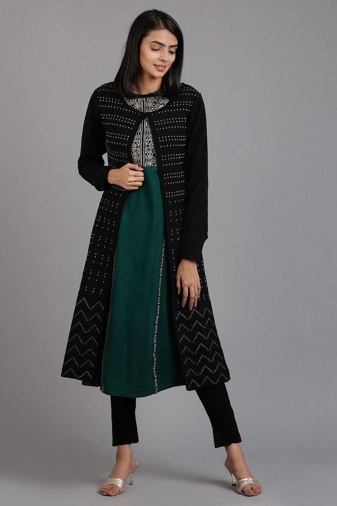 Green Round Neck Solid Winter kurta - wforwoman