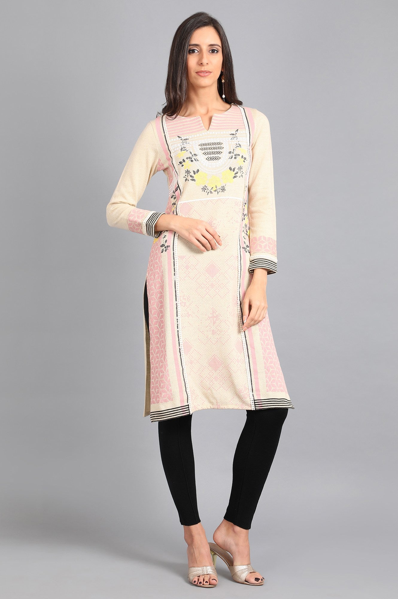 White Round Neck Printed Winter kurta