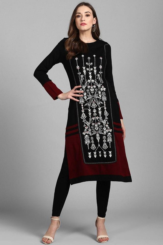 Black Round Neck Printed Winter kurta - wforwoman