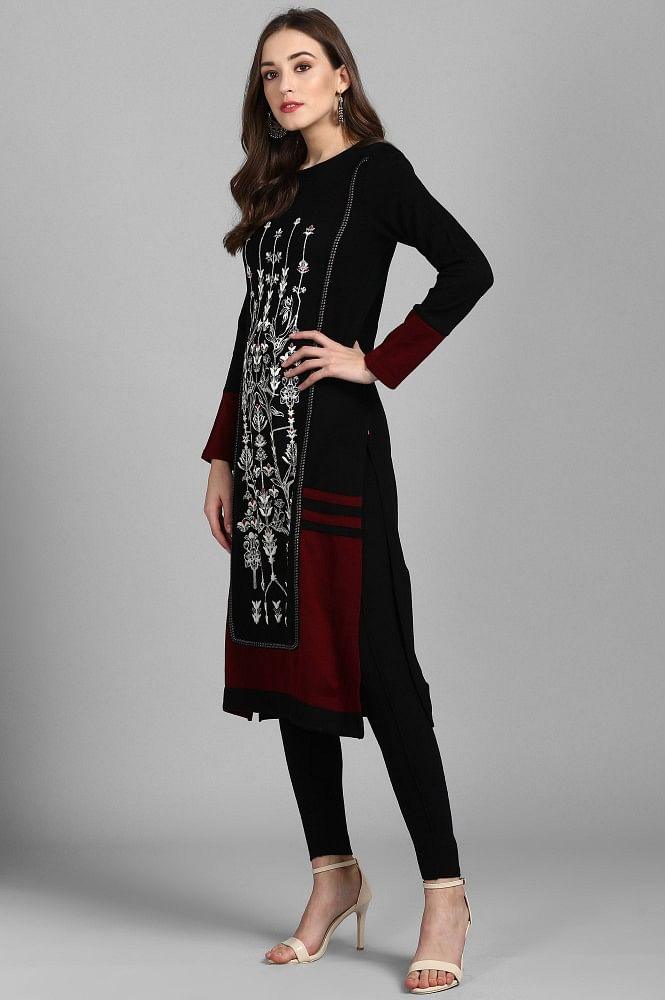 Black Round Neck Printed Winter kurta - wforwoman