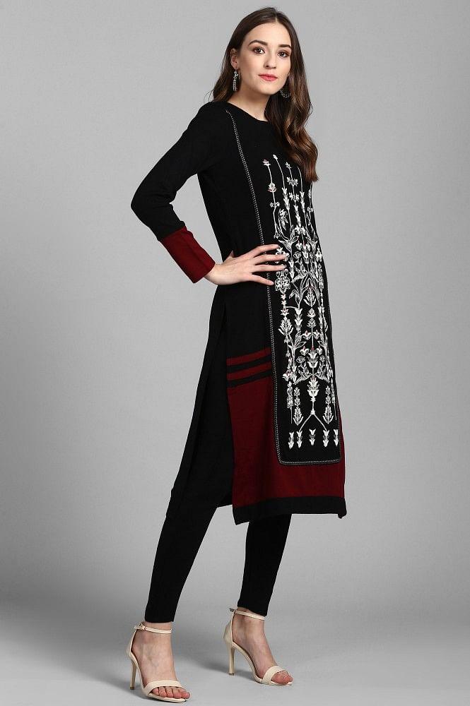 Black Round Neck Printed Winter kurta - wforwoman