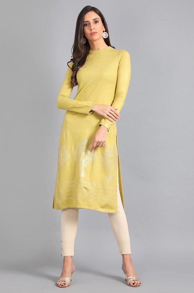 Green Mandarin Neck Printed kurta - wforwoman