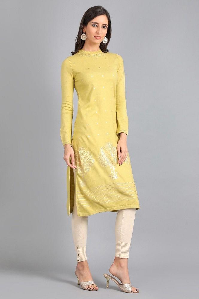 Green Mandarin Neck Printed kurta - wforwoman