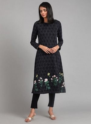 Blue Round Neck Floral Winter kurta