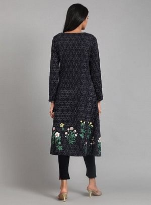 Blue Round Neck Floral Winter kurta