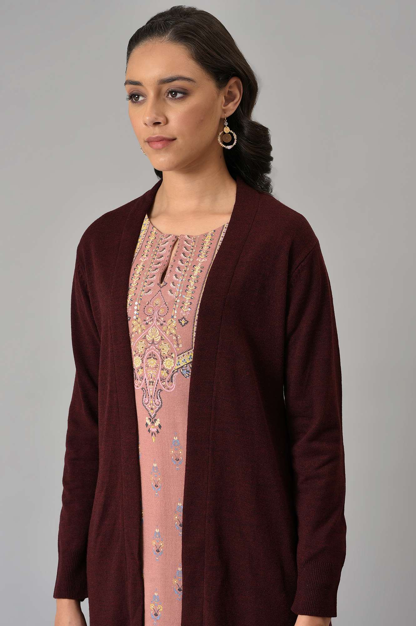 Wine Cardigan With Attached Scarf