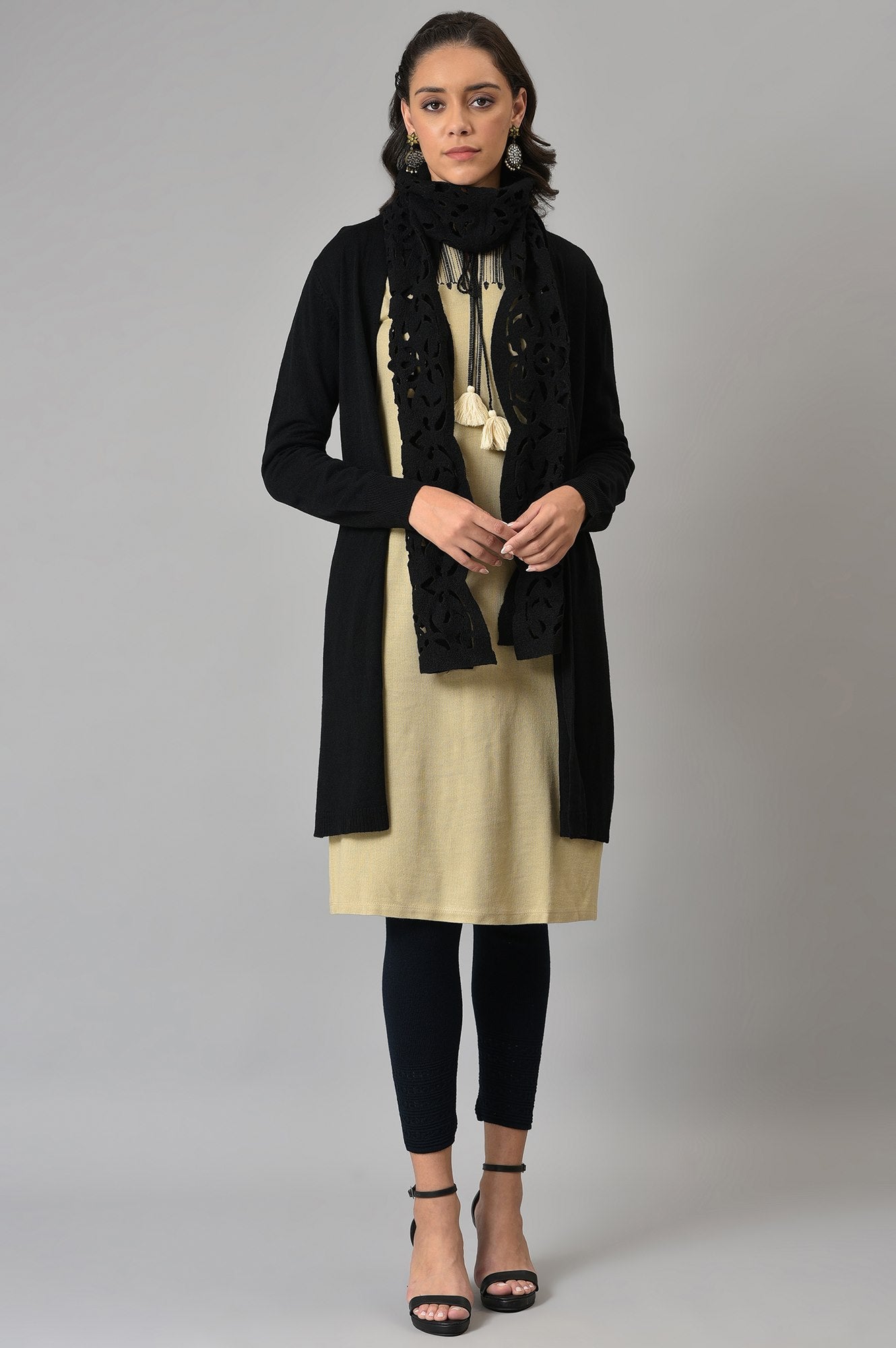 Black Cardigan With Attached Scarf