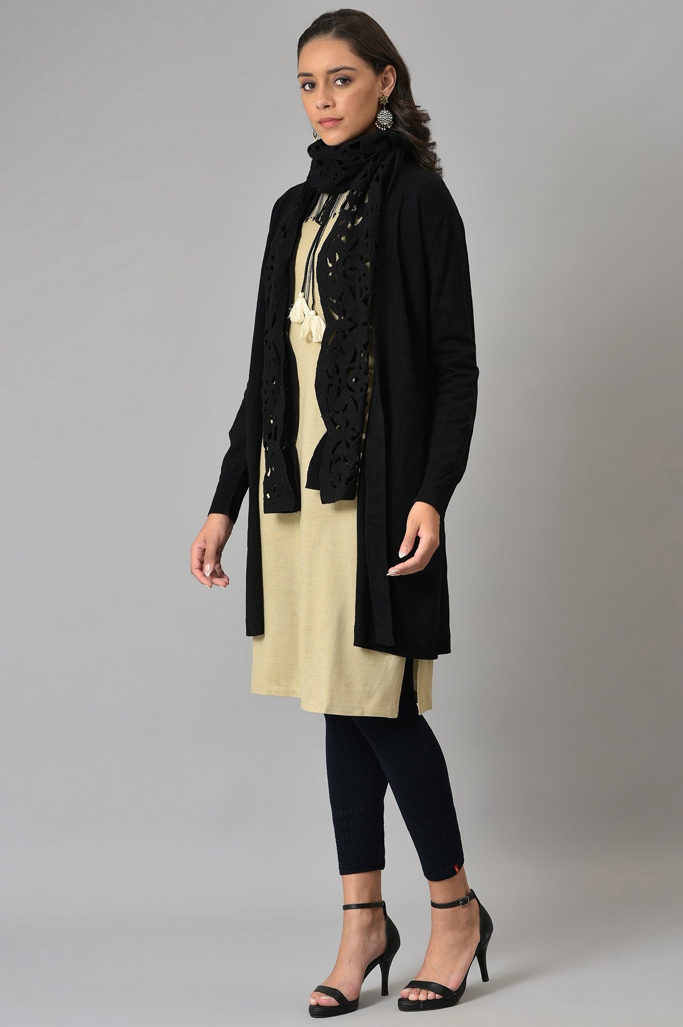 Black Cardigan With Attached Scarf