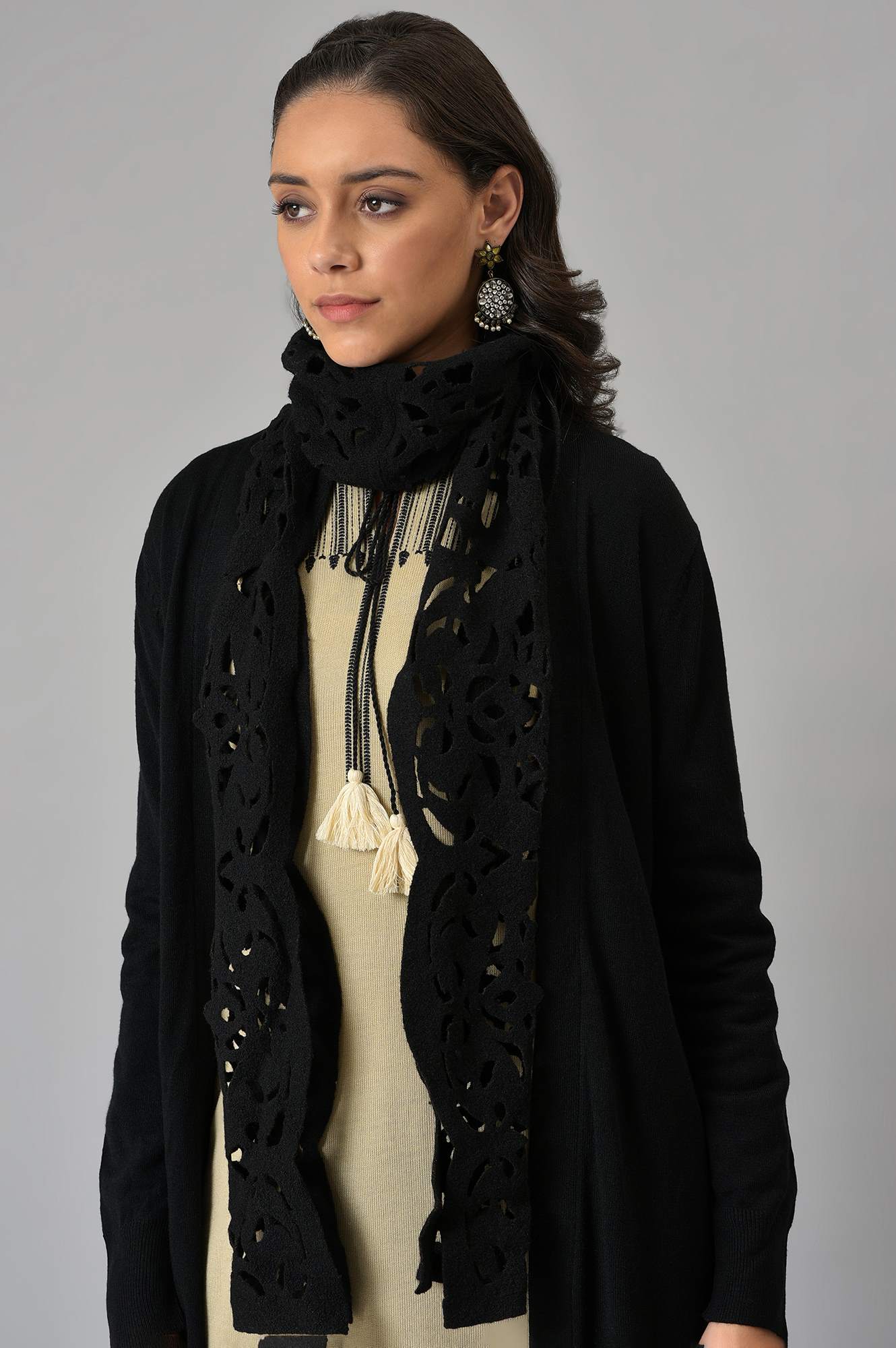 Black Cardigan With Attached Scarf