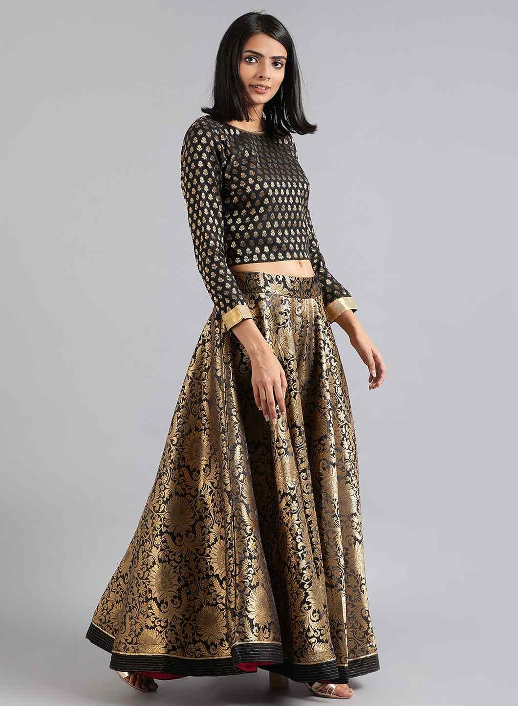 Black &amp; Gold Yarn-Dyed kurta Set - wforwoman