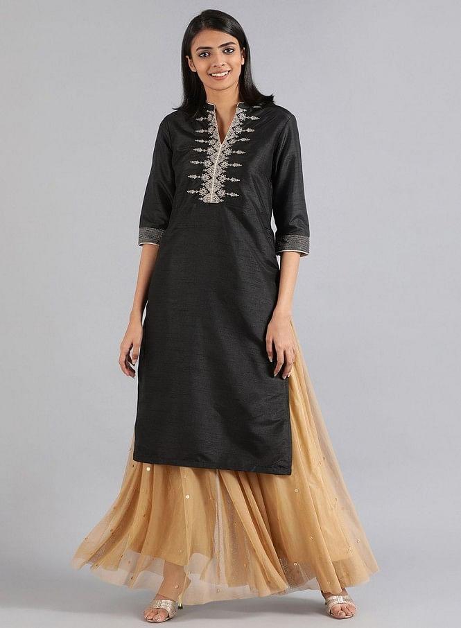 Black Mandarin Neck Solid kurta - wforwoman