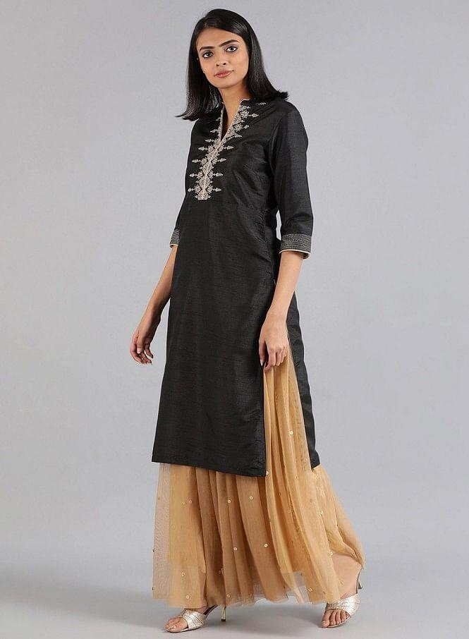 Black Mandarin Neck Solid kurta - wforwoman