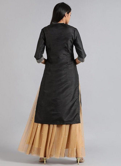 Black Mandarin Neck Solid kurta - wforwoman