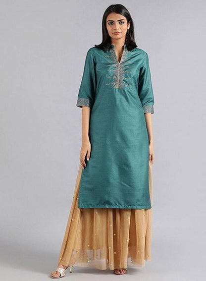 Green Mandarin Neck Solid kurta - wforwoman