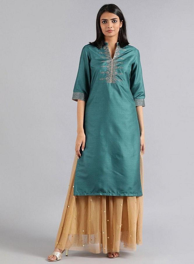 Green Mandarin Neck Solid kurta - wforwoman