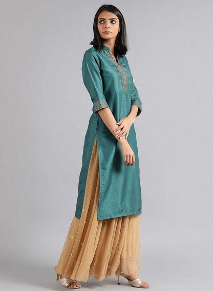 Green Mandarin Neck Solid kurta - wforwoman