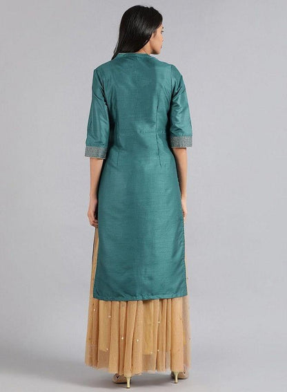 Green Mandarin Neck Solid kurta - wforwoman