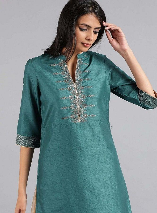 Green Mandarin Neck Solid kurta - wforwoman