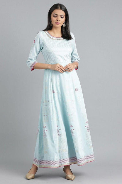 Blue Round Neck Embroidered Dress - wforwoman