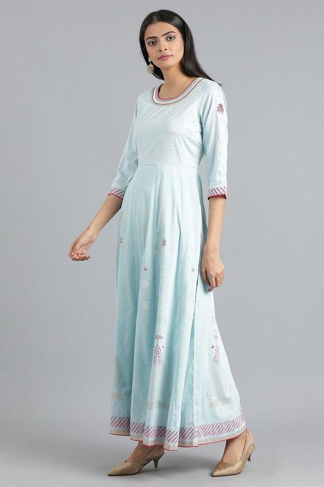 Blue Round Neck Embroidered Dress - wforwoman