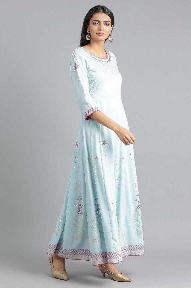 Blue Round Neck Embroidered Dress - wforwoman