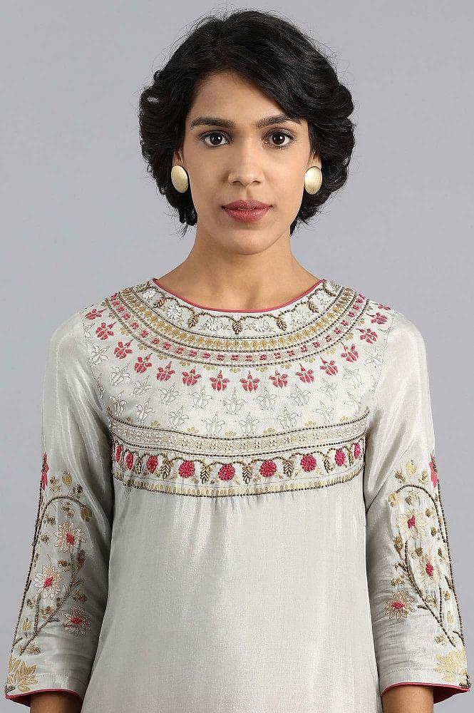 Grey Round Neck Embroidered kurta - wforwoman