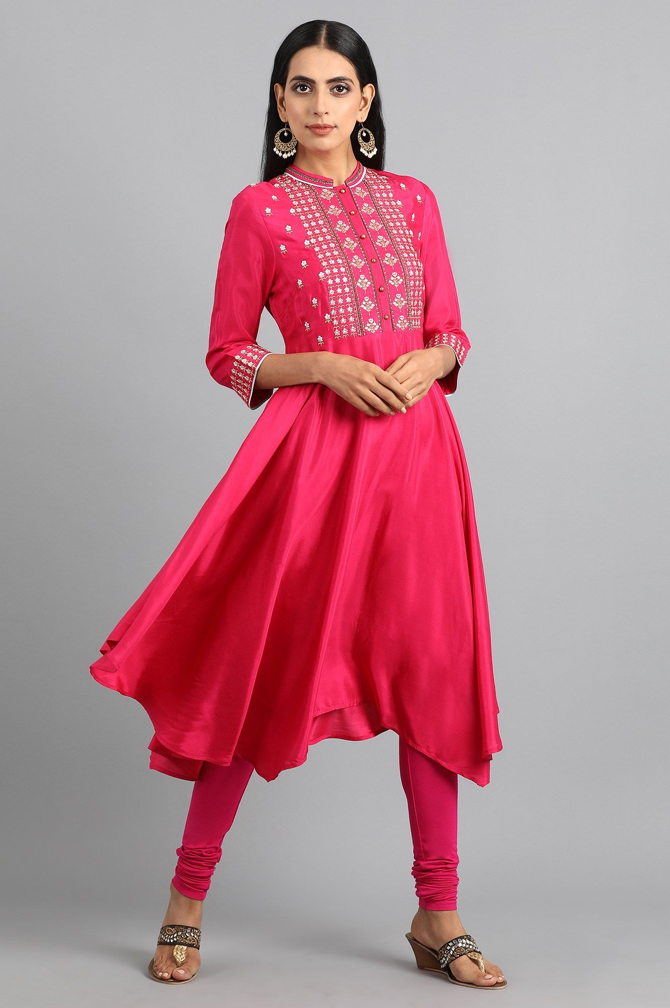 Pink Mandarin Neck Embroidered kurta