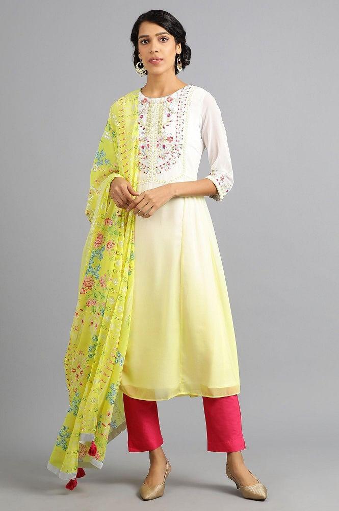 Yellow Round Neck Floral kurta - wforwoman