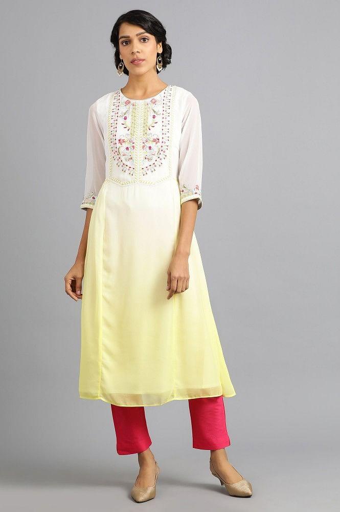 Yellow Round Neck Floral kurta - wforwoman