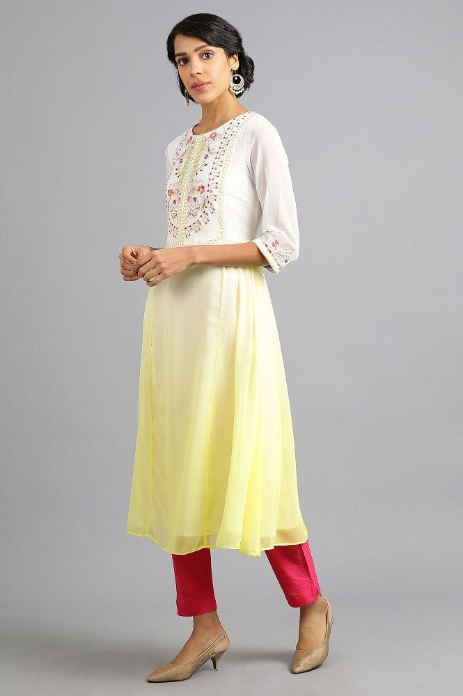 Yellow Round Neck Floral kurta - wforwoman