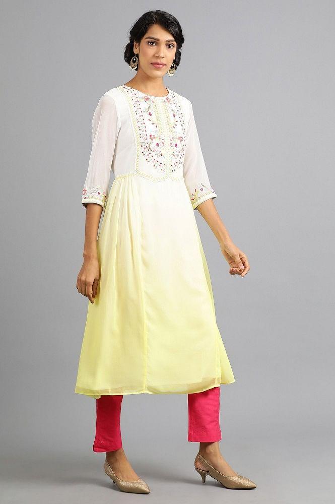 Yellow Round Neck Floral kurta - wforwoman