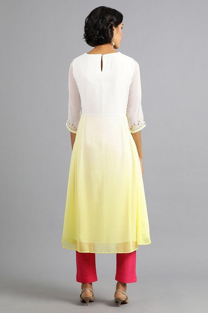 Yellow Round Neck Floral kurta - wforwoman