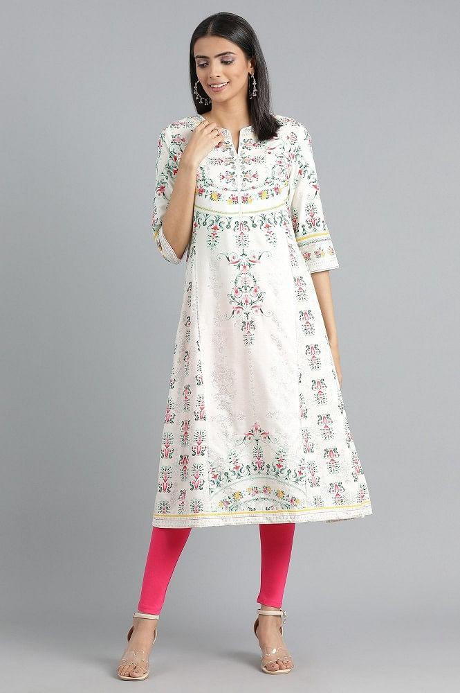 Ecru Round Neck Printed kurta - wforwoman