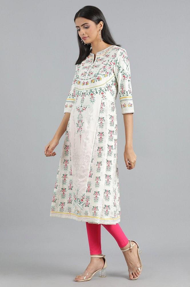 Ecru Round Neck Printed kurta - wforwoman