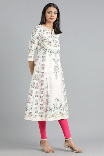 Ecru Round Neck Printed kurta - wforwoman