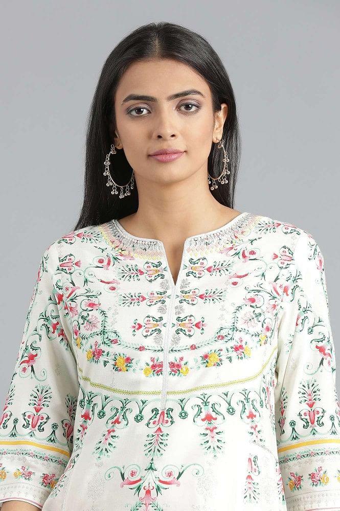 Ecru Round Neck Printed kurta - wforwoman