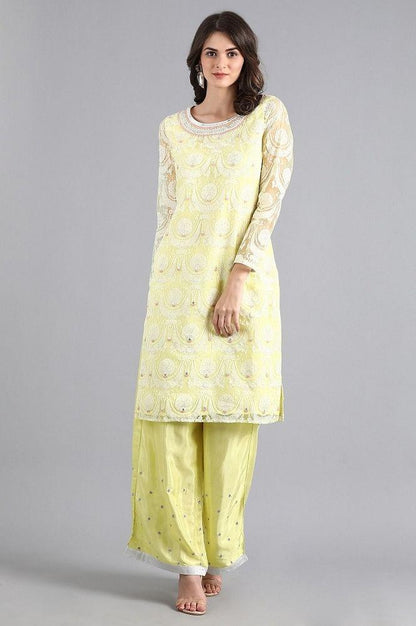 Yellow Round Neck Embroidered kurta - wforwoman