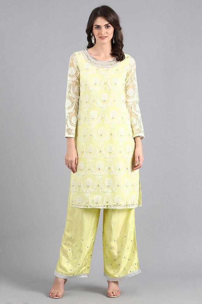 Yellow Round Neck Embroidered kurta - wforwoman