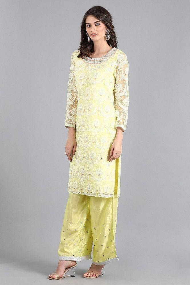 Yellow Round Neck Embroidered kurta - wforwoman