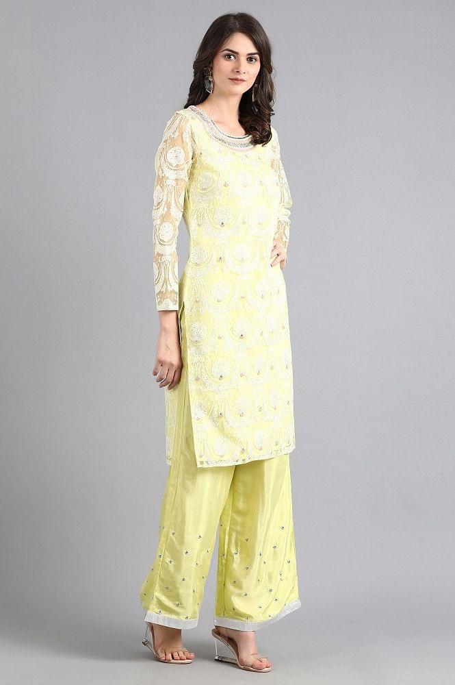 Yellow Round Neck Embroidered kurta - wforwoman