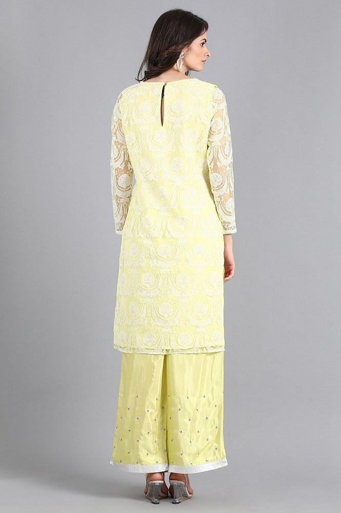 Yellow Round Neck Embroidered kurta - wforwoman