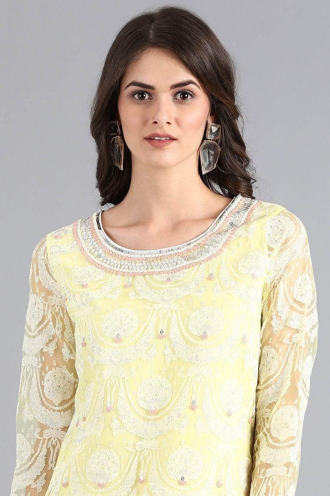 Yellow Round Neck Embroidered kurta - wforwoman