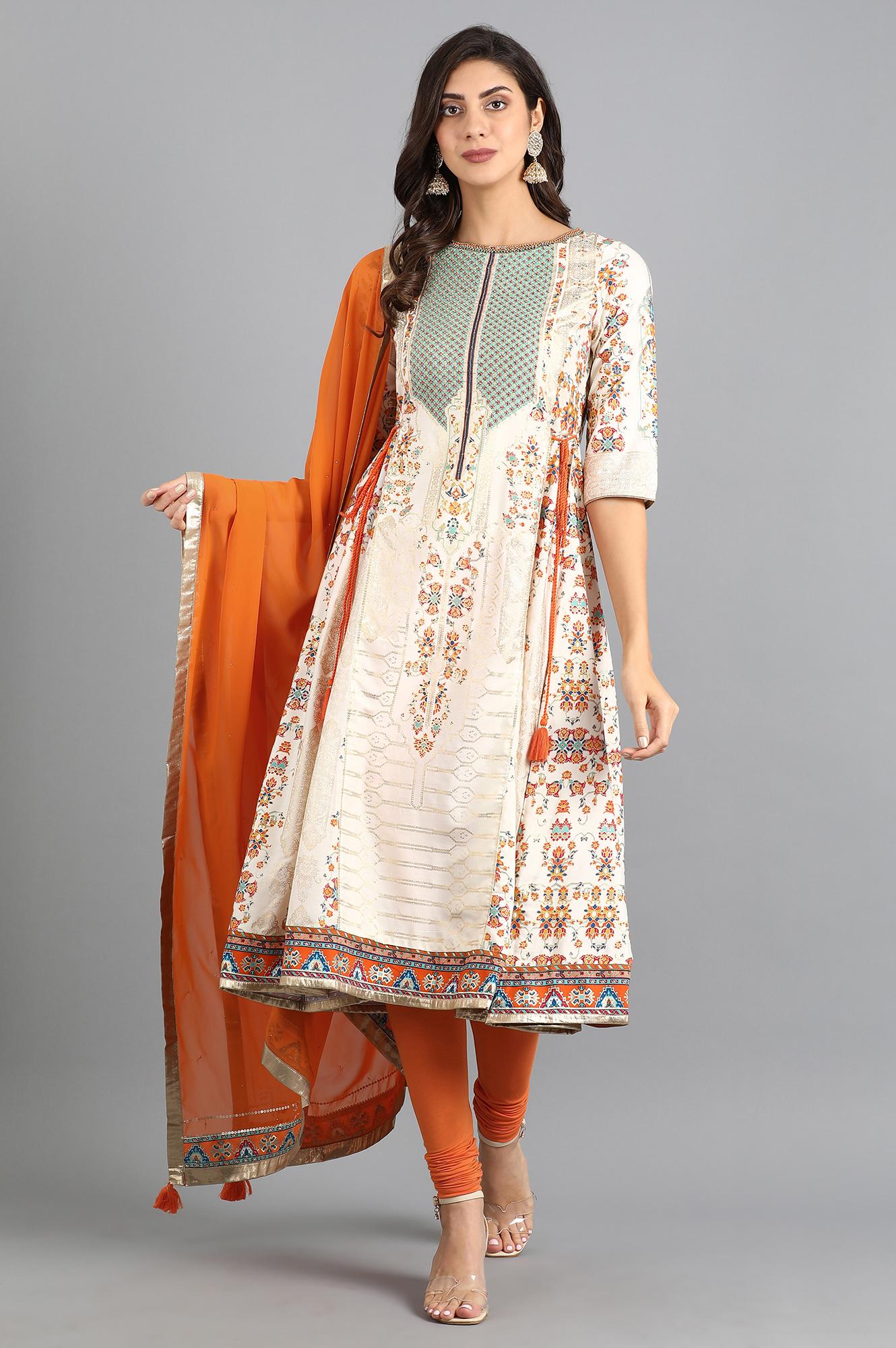 White Round Neck Printed kurta