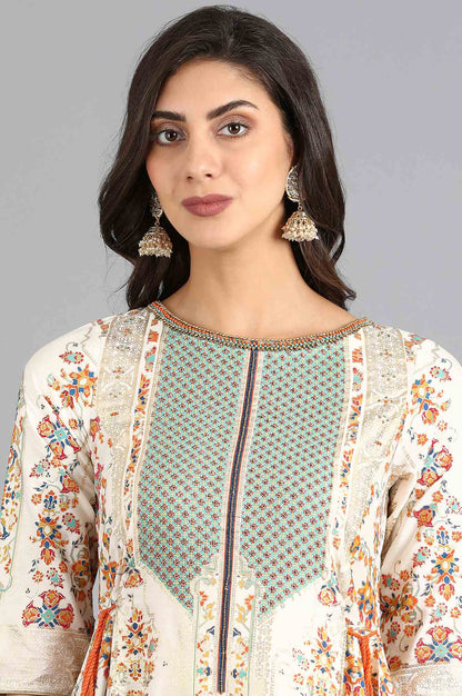 White Round Neck Printed kurta