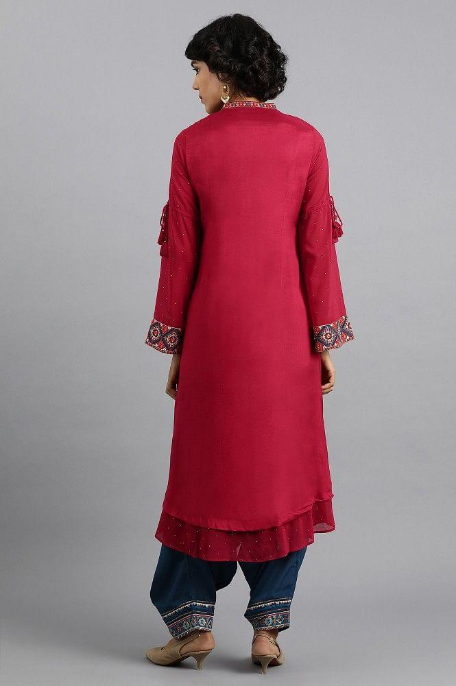 Red Mandarin Neck Embroidered kurta - wforwoman