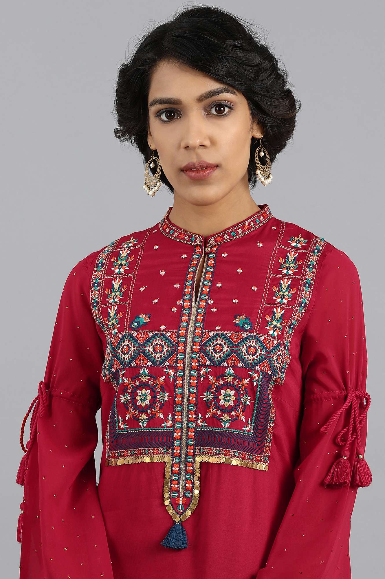 Red Mandarin Neck Embroidered kurta