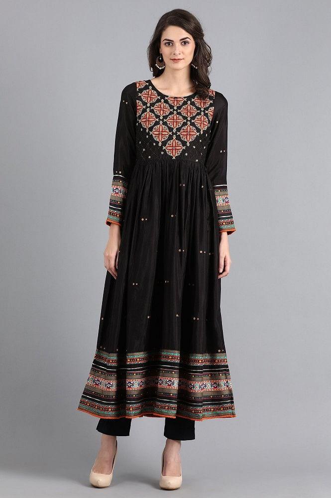 Black Round Neck Gathered Dress - wforwoman