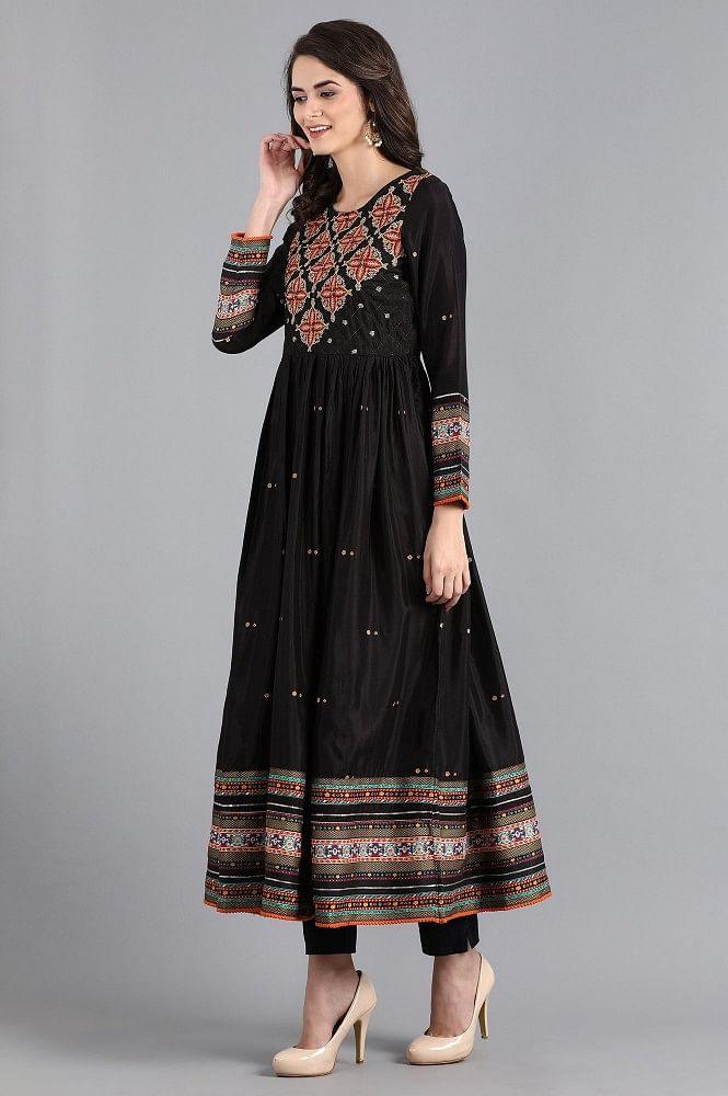 Black Round Neck Gathered Dress - wforwoman