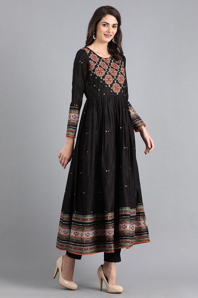 Black Round Neck Gathered Dress - wforwoman